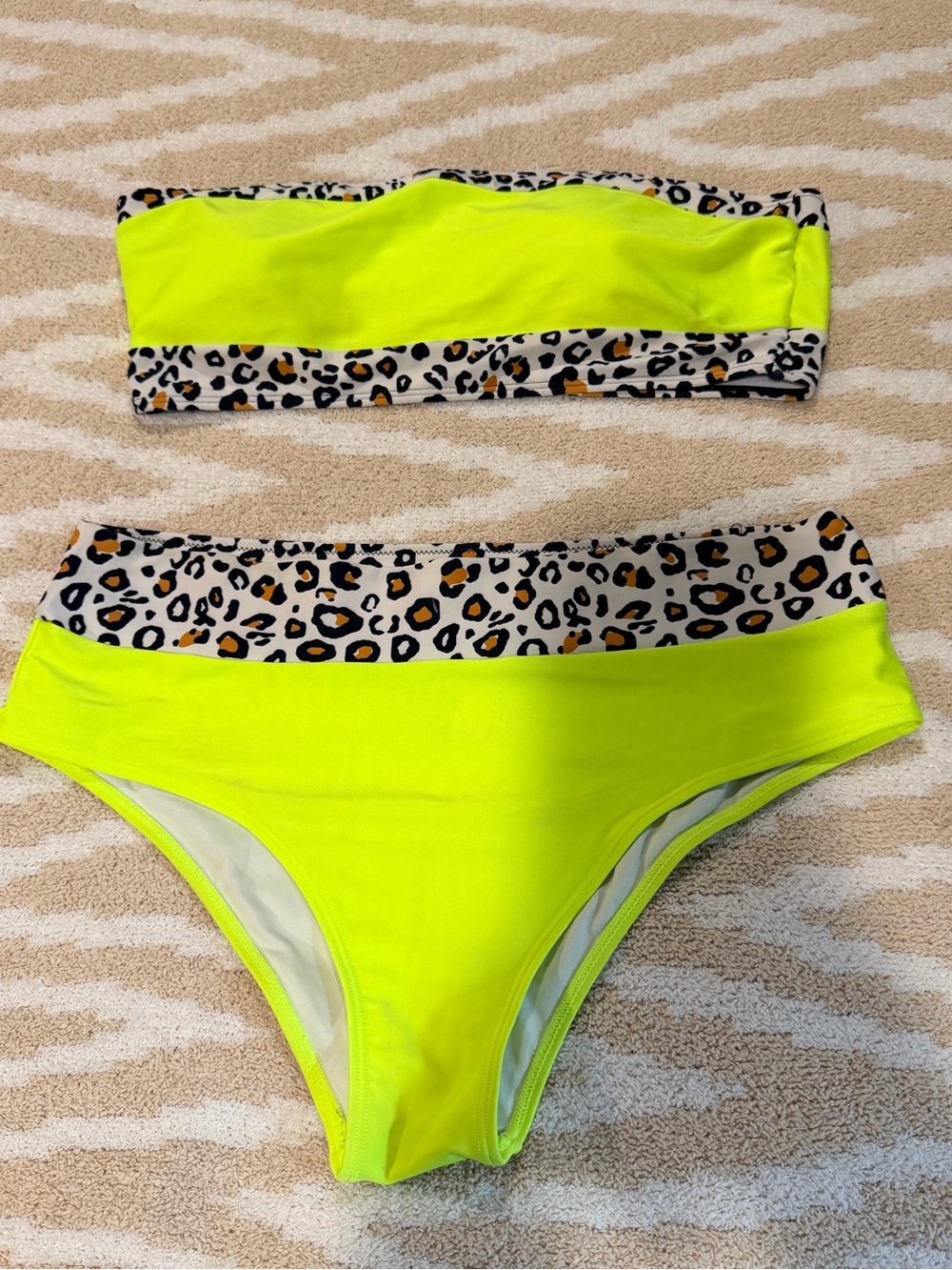 SHEIN Neon Yellow Leopard Trim Bandeau Bikini Set